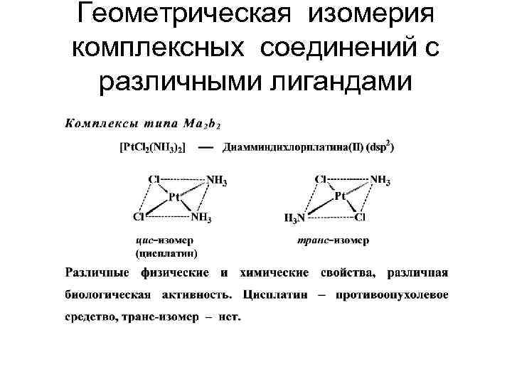 Геометрическая изомерия комплексных соединений с различными лигандами 