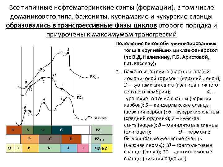 Все типичные нефтематеринские свиты (формации), в том числе доманикового типа, бажениты, куонамские и кукурские