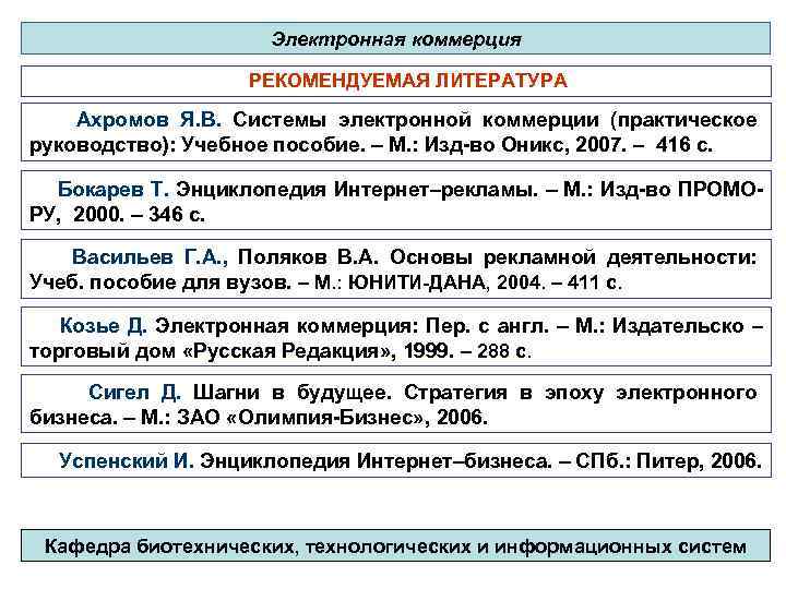 Электронная коммерция РЕКОМЕНДУЕМАЯ ЛИТЕРАТУРА Axpoмов Я. В. Системы электронной коммерции (практическое руководство): Учебное пособие.