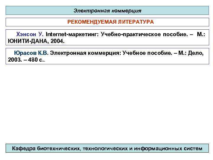 Электронная коммерция РЕКОМЕНДУЕМАЯ ЛИТЕРАТУРА Хэнсон У. Internet-маркетинг: Учебно-практическое пособие. – М. : ЮНИТИ-ДАНА, 2004.