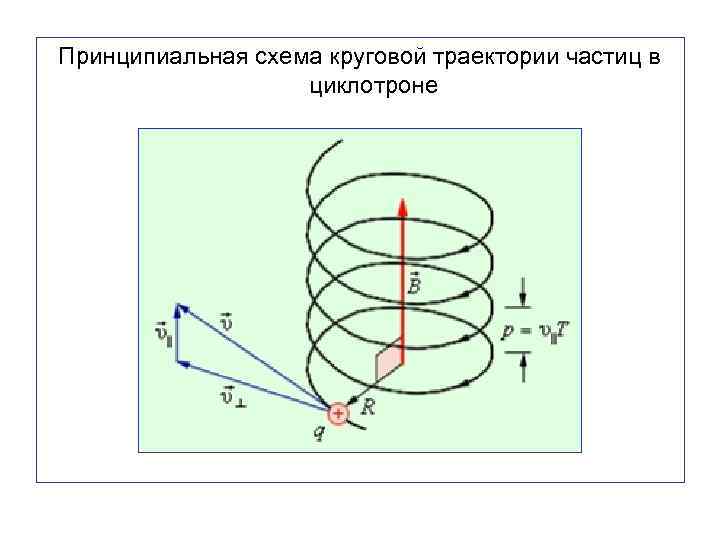 Принципиальная схема круговой траектории частиц в циклотроне 