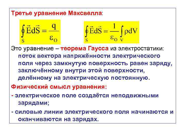 Третье уравнение Максвелла: Это уравнение – теорема Гаусса из электростатики: поток вектора напряжённости электрического
