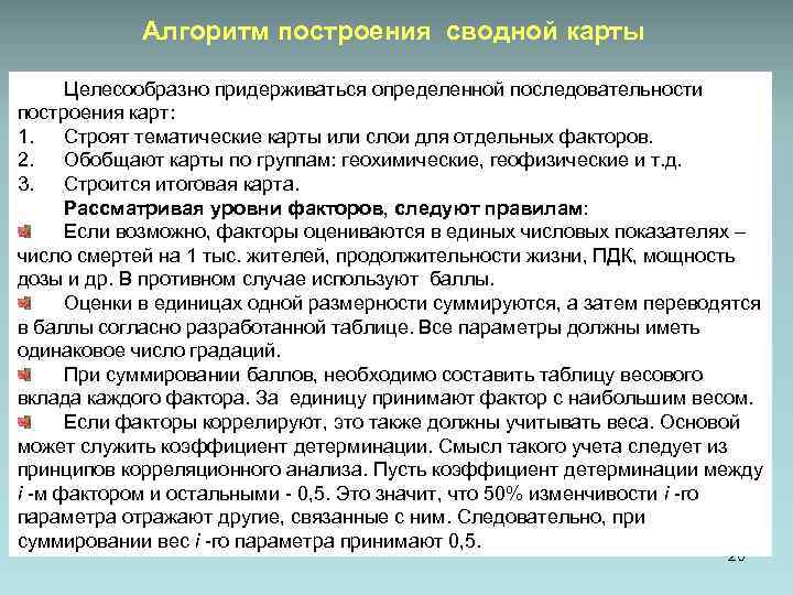 Алгоритм построения сводной карты Целесообразно придерживаться определенной последовательности построения карт: 1. Строят тематические карты