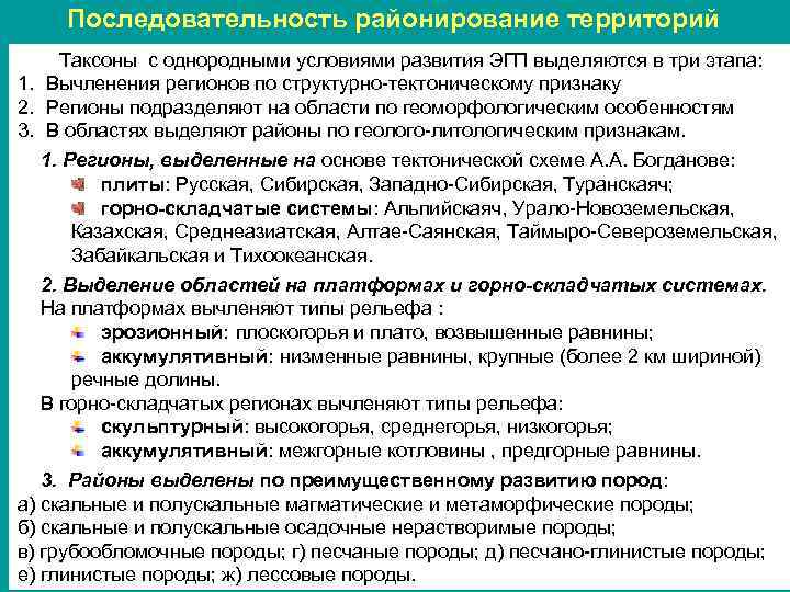 Последовательность районирование территорий Таксоны с однородными условиями развития ЭГП выделяются в три этапа: 1.