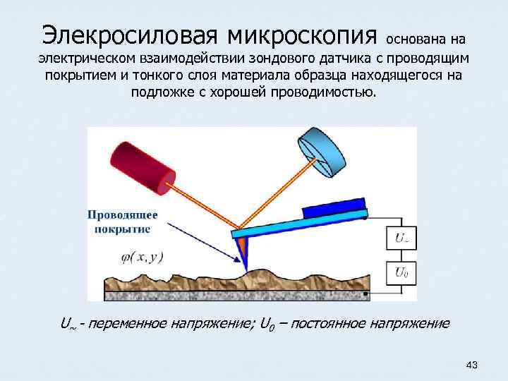 Элекросиловая микроскопия основана на электрическом взаимодействии зондового датчика с проводящим покрытием и тонкого слоя