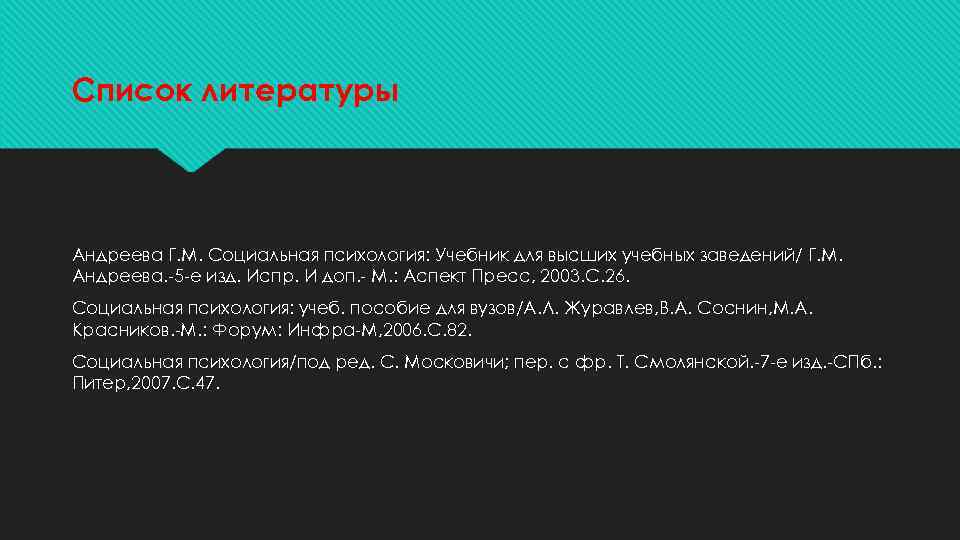 Список литературы Андреева Г. М. Социальная психология: Учебник для высших учебных заведений/ Г. М.