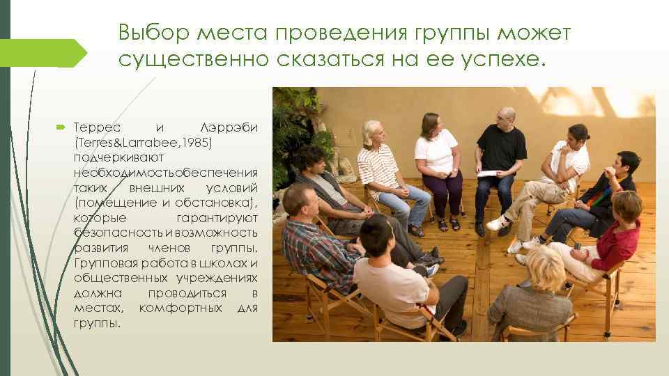 Выбор места проведения группы может существенно сказаться на ее успехе. Террес и Лэррэби (Terres&Larrabee,