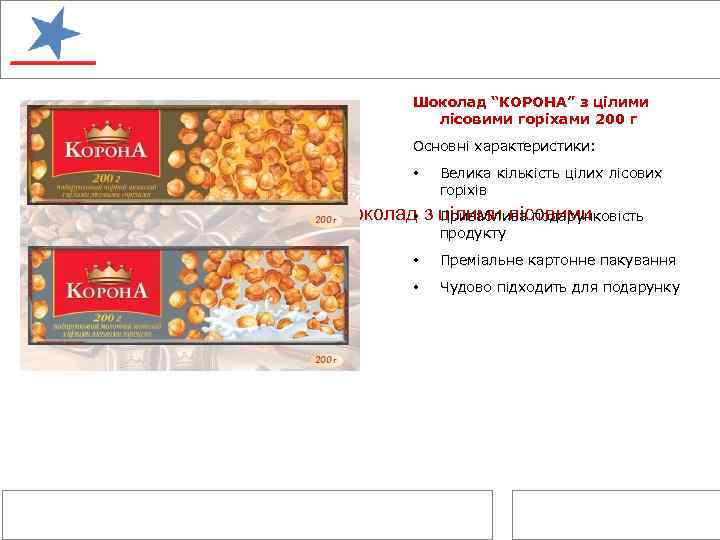 Шоколад “КОРОНА” з цілими лісовими горіхами 200 г Основні характеристики: • Велика кількість цілих