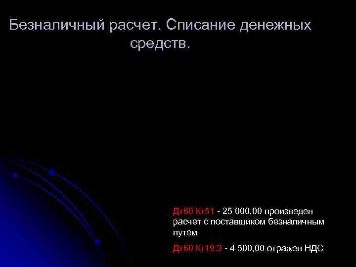 Безналичный расчет. Списание денежных средств. Дт60 Кт51 - 25 000, 00 произведен расчет с