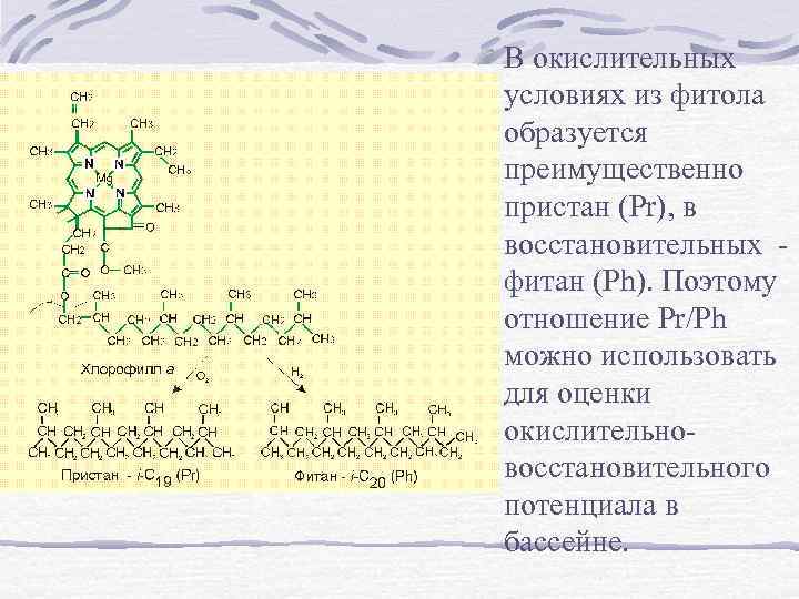 В окислительных условиях из фитола образуется преимущественно пристан (Pr), в восстановительных - фитан (Ph).