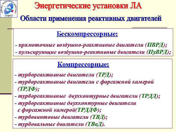 Бескомпрессорные: - прямоточные воздушно-реактивные двигатели (ПВРД); - пульсирующие воздушно-реактивные двигатели (Пу. ВРД); Компрессорные: -