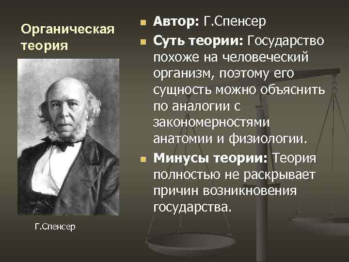 Органическая теория n n n Г. Спенсер Автор: Г. Спенсер Суть теории: Государство похоже