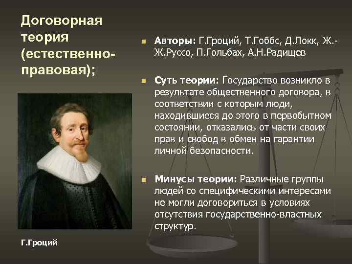 Договорная теория (естественноправовая); n n n Г. Гроций Авторы: Г. Гроций, Т. Гоббс, Д.