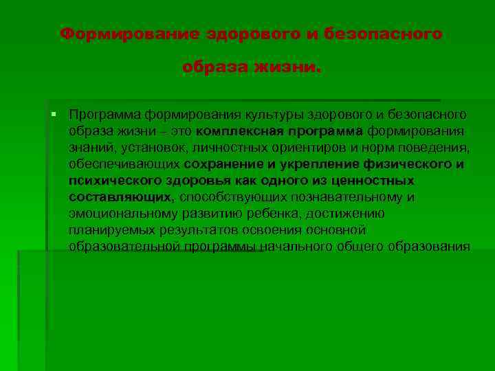 Формирование здорового и безопасного образа жизни. § Программа формирования культуры здорового и безопасного образа
