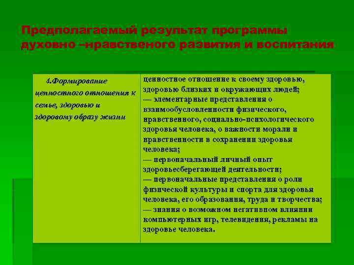 Предполагаемый результат программы духовно –нравственого развития и воспитания 4. Формирование ценностного отношения к семье,