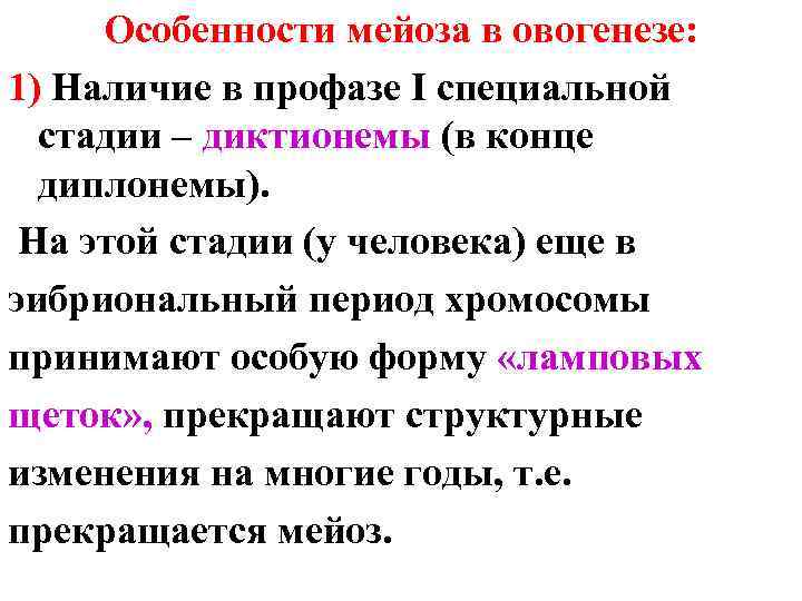 Особенности мейоза в овогенезе: 1) Наличие в профазе I специальной стадии – диктионемы (в