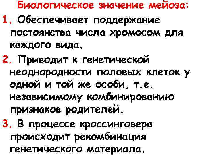 Биологическое значение мейоза: 1. Обеспечивает поддержание постоянства числа хромосом для каждого вида. 2. Приводит