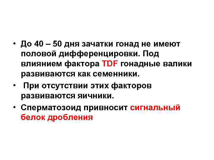  • До 40 – 50 дня зачатки гонад не имеют половой дифференцировки. Под