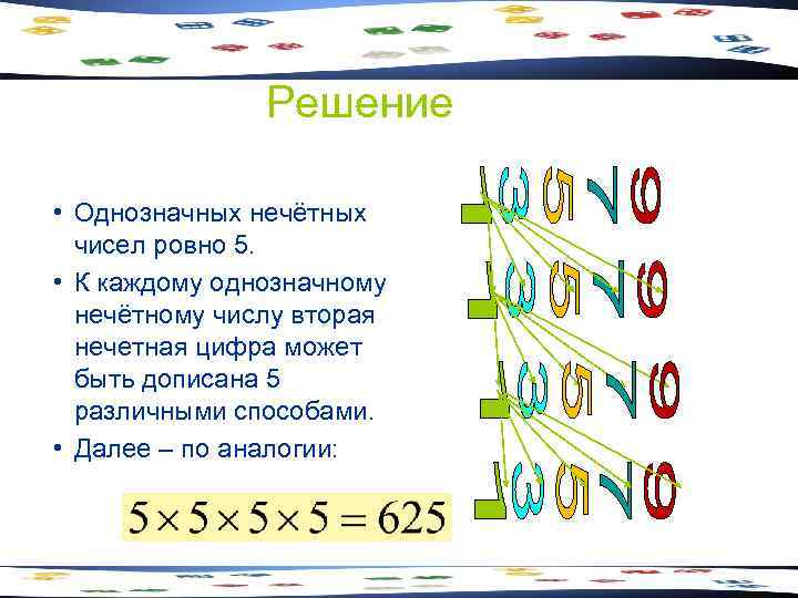 Решение • Однозначных нечётных чисел ровно 5. • К каждому однозначному нечётному числу вторая