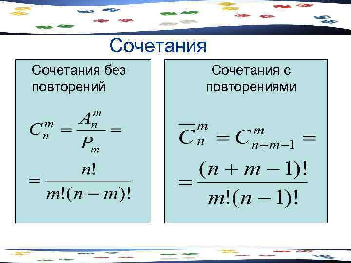 Сочетания без повторений Сочетания с повторениями 