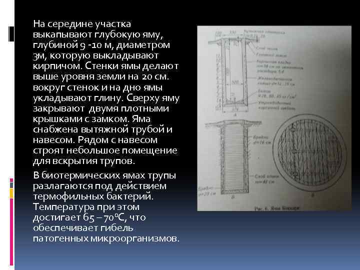 На середине участка выкапывают глубокую яму, глубиной 9 -10 м, диаметром 3 м, которую