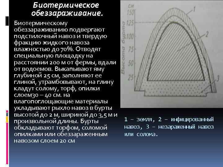 Биотермическое обеззараживание. Биотермическому обеззараживанию подвергают подстилочный навоз и твердую фракцию жидкого навоза влажностью до