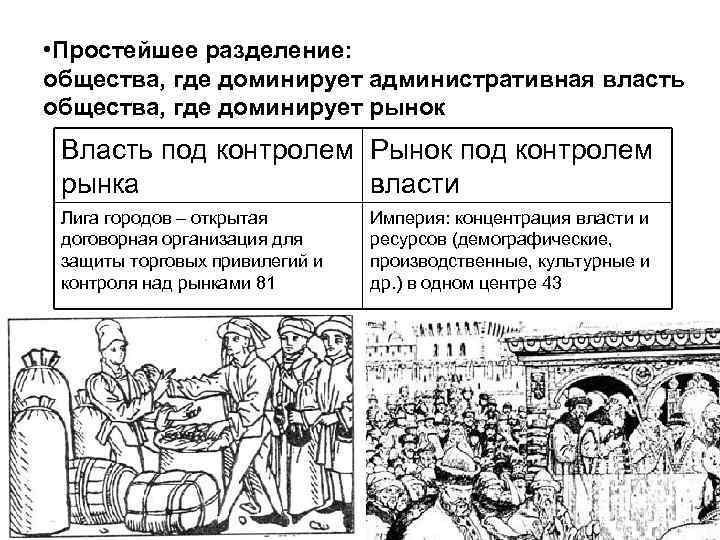  • Простейшее разделение: общества, где доминирует административная власть общества, где доминирует рынок Власть