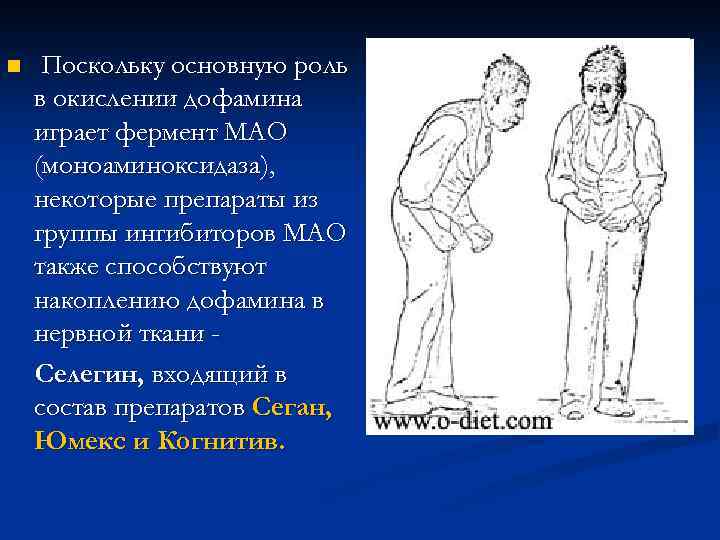 n Поскольку основную роль в окислении дофамина играет фермент МАО (моноаминоксидаза), некоторые препараты из