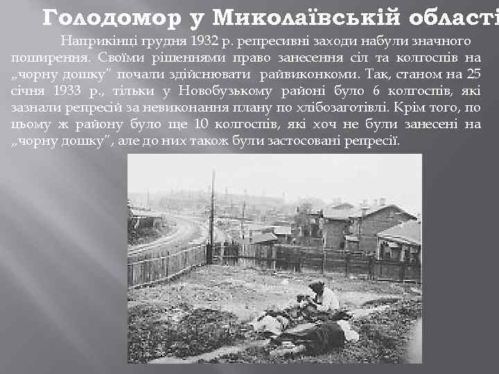 Голодомор у Миколаївській області Наприкінці грудня 1932 р. репресивні заходи набули значного поширення. Своїми