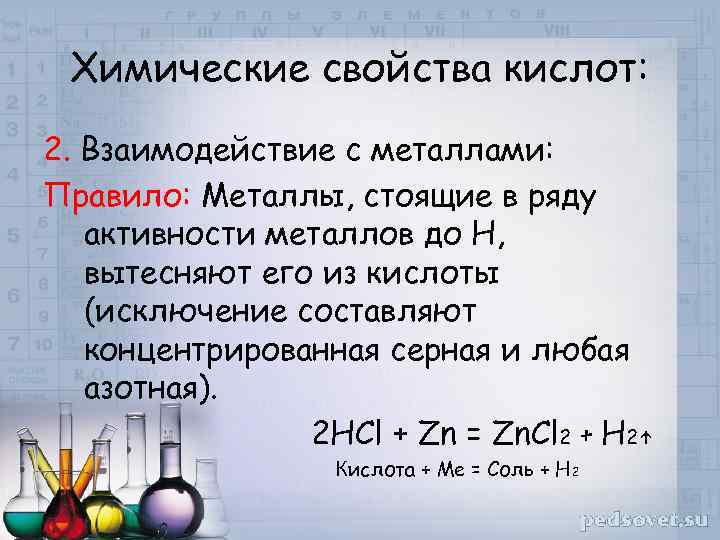 Химические свойства кислот: 2. Взаимодействие с металлами: Правило: Металлы, стоящие в ряду активности металлов
