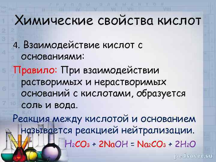 Химические свойства кислот 4. Взаимодействие кислот с основаниями: Правило: При взаимодействии растворимых и нерастворимых