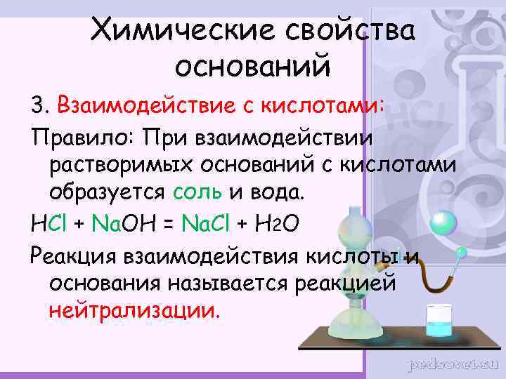 Химические свойства оснований 3. Взаимодействие с кислотами: Правило: При взаимодействии растворимых оснований с кислотами
