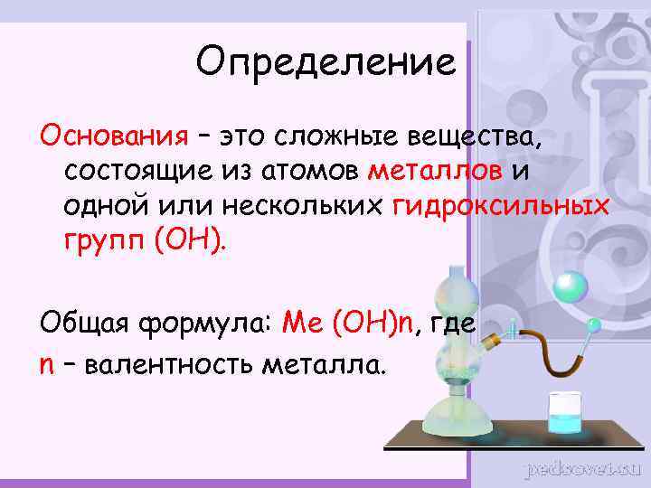 Определение Основания – это сложные вещества, состоящие из атомов металлов и одной или нескольких