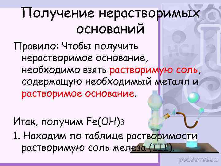 Получение нерастворимых оснований Правило: Чтобы получить нерастворимое основание, необходимо взять растворимую соль, содержащую необходимый