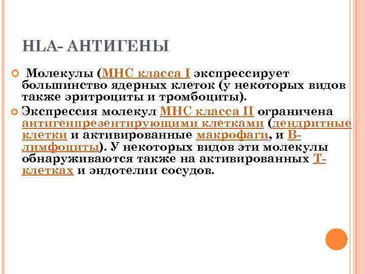 HLA- АНТИГЕНЫ Молекулы (MHC класса I экспрессирует большинство ядерных клеток (у некоторых видов также
