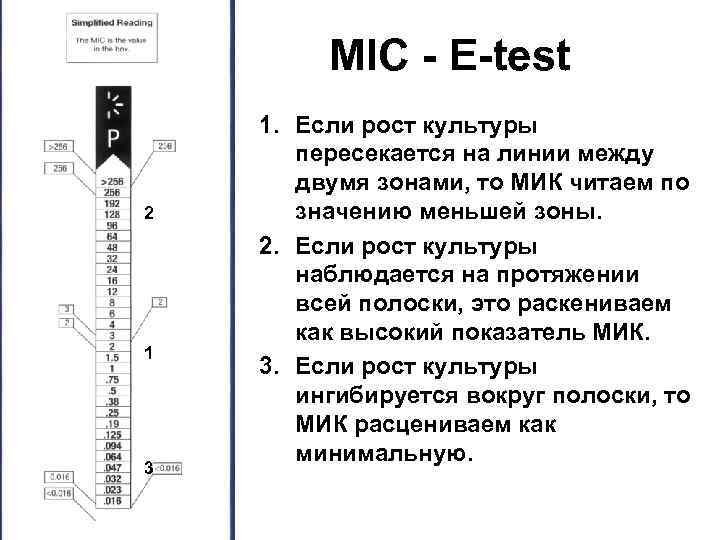 MIC - E-test 2 1 3 1. Если рост культуры пересекается на линии между