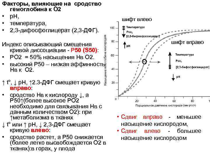 Факторы, влияющие на сродство гемоглобина к О 2 • p. H, • температура, •