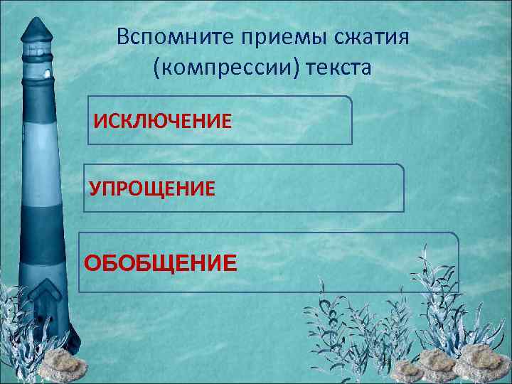 Вспомните приемы сжатия (компрессии) текста ИСКЛЮЧЕНИЕ УПРОЩЕНИЕ ОБОБЩЕНИЕ 