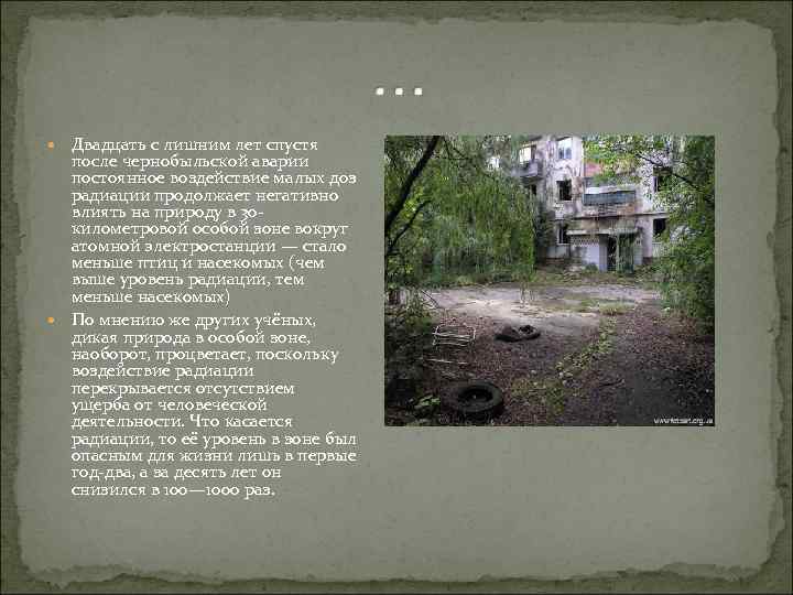  Двадцать с лишним лет спустя после чернобыльской аварии постоянное воздействие малых доз радиации