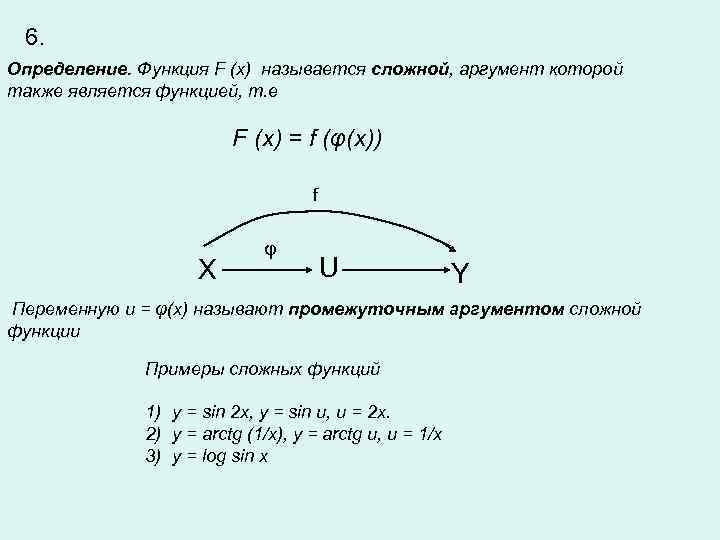 6. Определение. Функция F (x) называется сложной, аргумент которой также является функцией, т. е