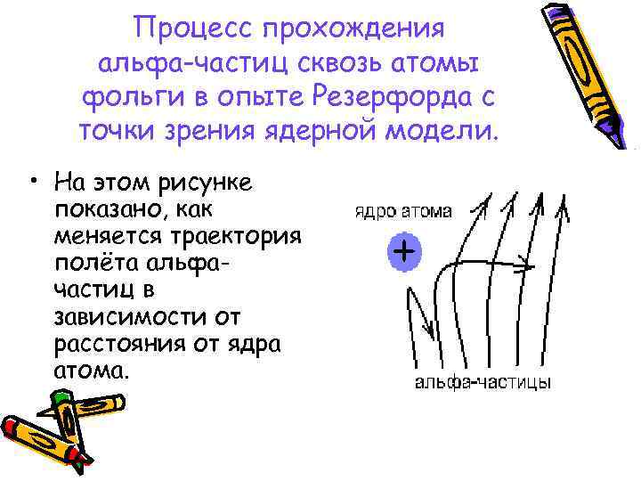 Процесс прохождения альфа-частиц сквозь атомы фольги в опыте Резерфорда с точки зрения ядерной модели.