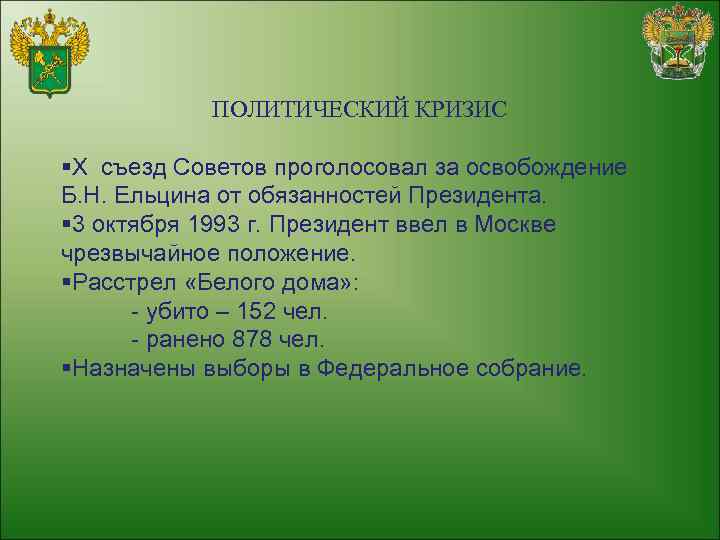 ПОЛИТИЧЕСКИЙ КРИЗИС §X съезд Советов проголосовал за освобождение Б. Н. Ельцина от обязанностей Президента.
