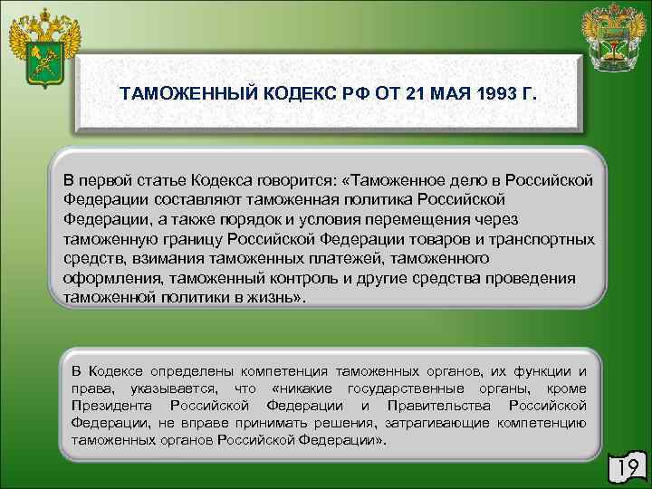 ТАМОЖЕННЫЙ КОДЕКС РФ ОТ 21 МАЯ 1993 Г. В первой статье Кодекса говорится: «Таможенное