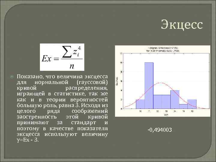 Экцесс Показано, что величина эксцесса для нормальной (гауссовой) кривой распределения, играющей в статистике, так