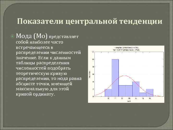 Показатели центральной тенденции Мода (Mo) представляет собой наиболее часто встречающееся в распределении численностей значение.