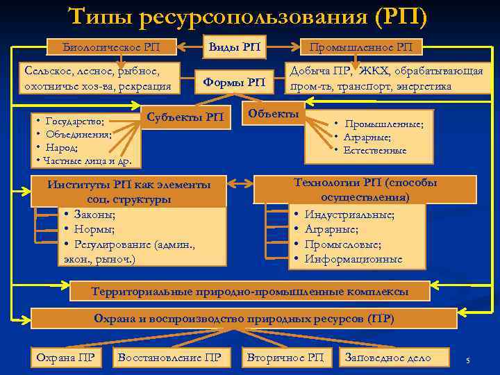 Типы ресурсопользования (РП) Биологическое РП Сельское, лесное, рыбное, охотничье хоз-ва, рекреация • Государство; •