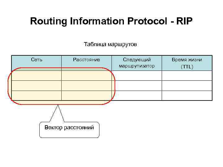 Routing Information Protocol - RIP Таблица маршрутов Сеть Расстояние Вектор расстояний Следующий маршрутизатор Время