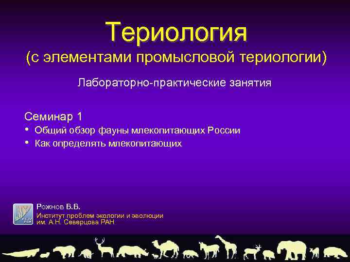 Териология (с элементами промысловой териологии) Лабораторно-практические занятия Семинар 1 • • Общий обзор фауны