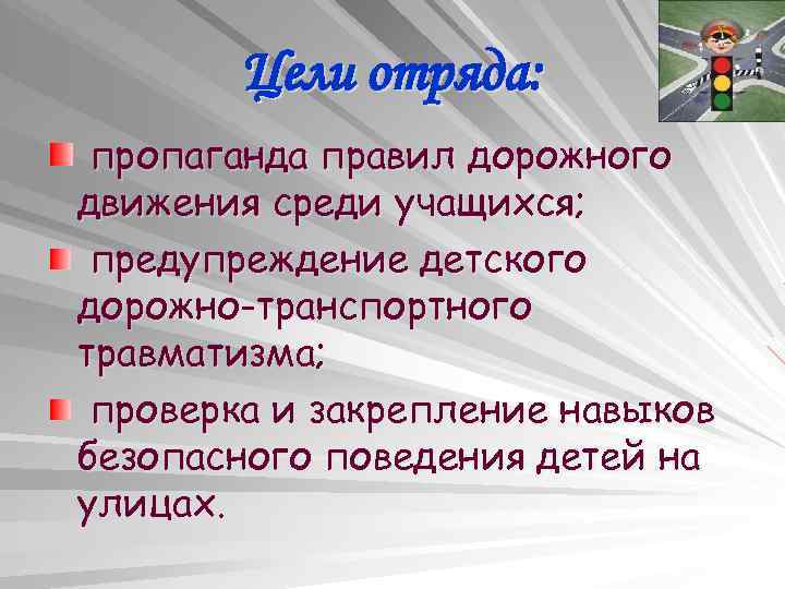 Цели отряда: пропаганда правил дорожного движения среди учащихся; предупреждение детского дорожно-транспортного травматизма; проверка и