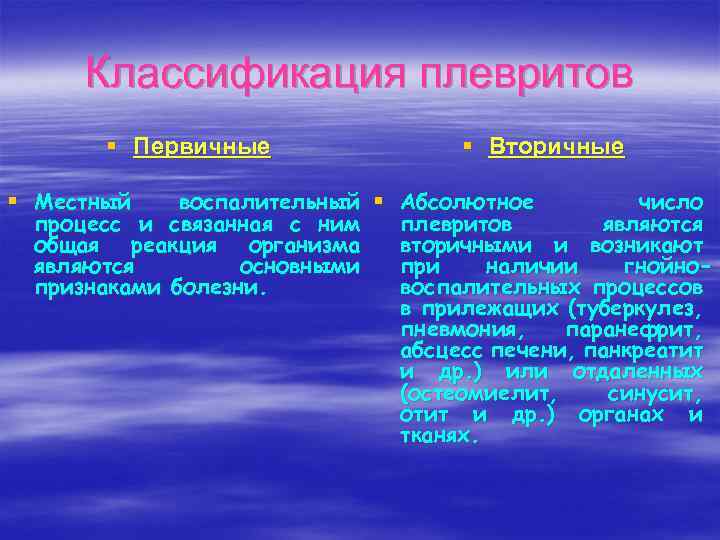 Классификация плевритов § Первичные § Вторичные § Местный воспалительный § Абсолютное число процесс и